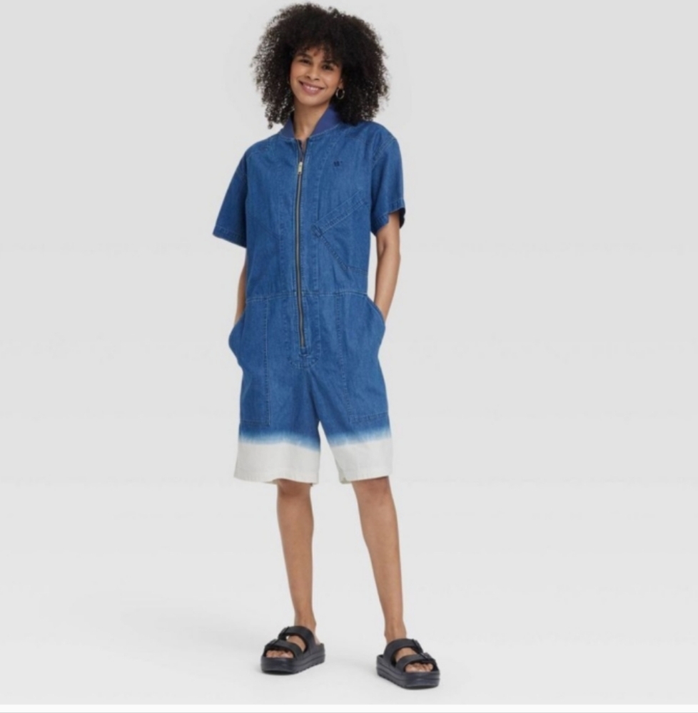 Houston White Jean Dip Dyed Bleach Flight Suit Romper Med Shorts Coveralls